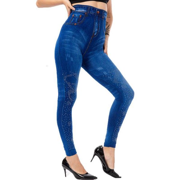 women's leggings imitation jeans diamond-studded pants stretch ankle-length ent6, Black